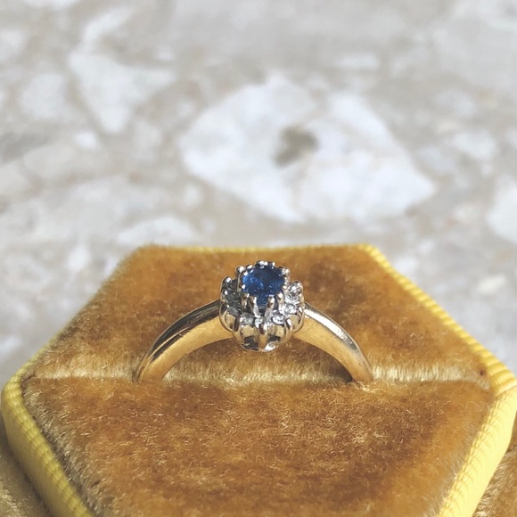 SOLD (Etsy) Light Blue Sapphire Diamond Halo Yellow Gold Ring - Picture 6 of 8